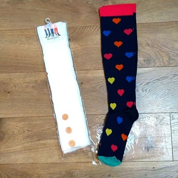 Leg warmers wooden button + colorful hearts compression socks (L/XL) combo NWT - Picture 1 of 9